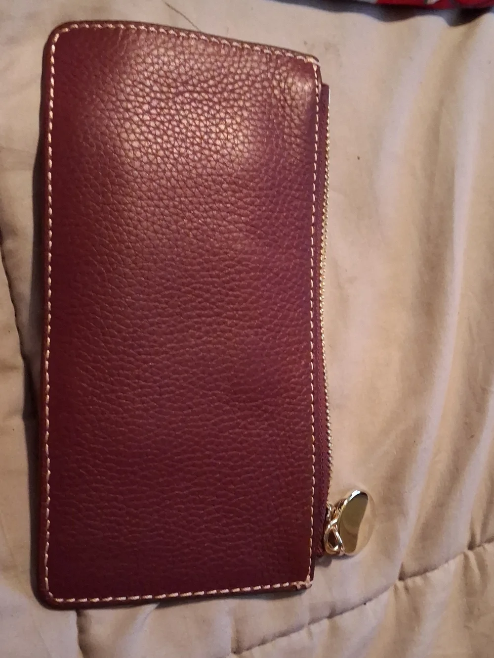 Long Zip Wallet in Deep Plum Leather with Gold Accent